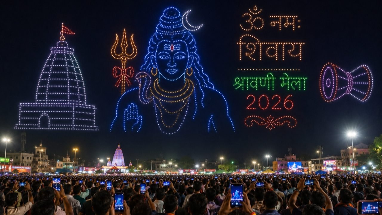 देवघर में ड्रोन शो ने मोहा श्रद्धालुओं का मन, आसमान में उभरी बाबा बैद्यनाथ की दिव्य छवि
